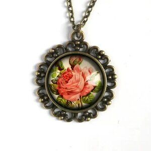 Victorian Tea Rose Ornate Pendant Necklace on Chain, Nickel-Free